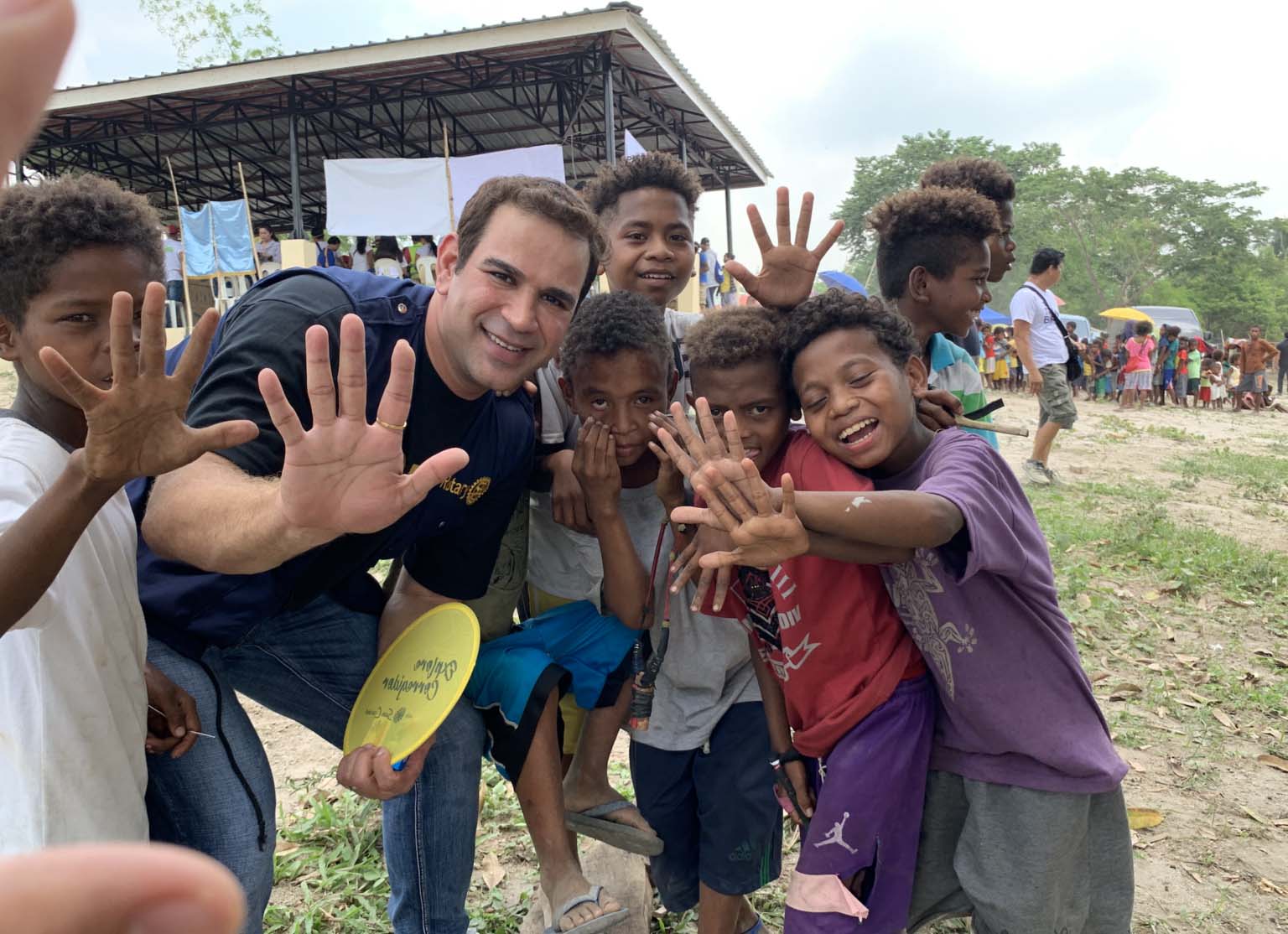 James With Kids on Charity Mission-black and white